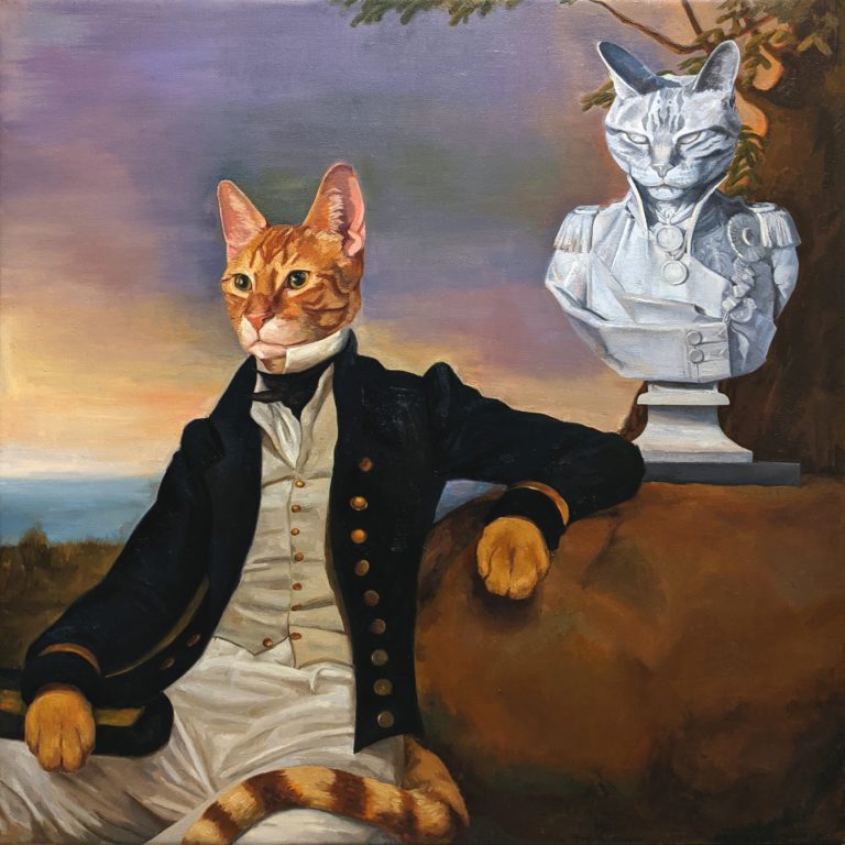 A humanoid cat in a British Royal Navy uniform c. 1798 leaning against a rock on which there is a bust of another cat with a pinned empty sleeve and many military decorations